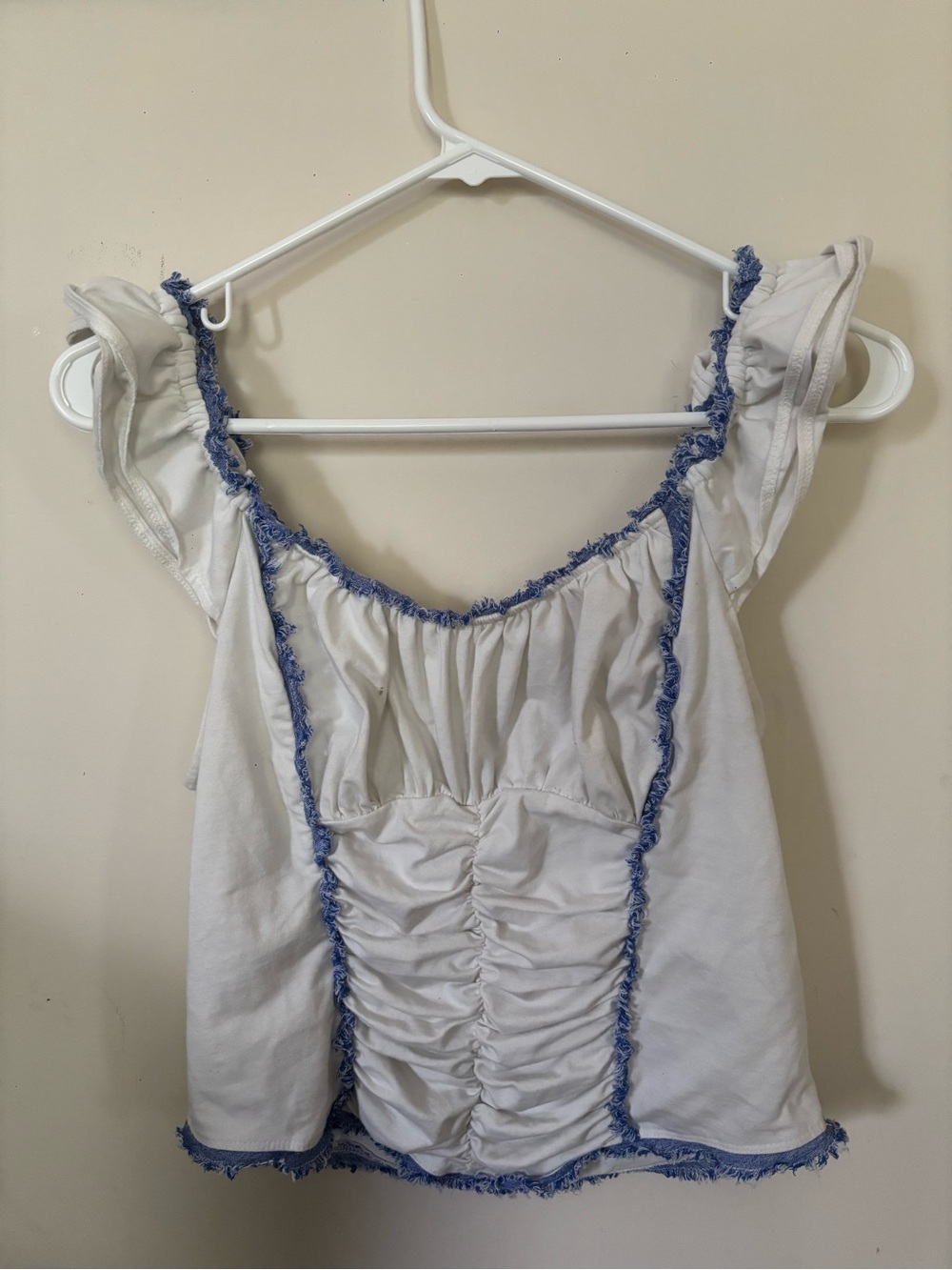 Anthropologie sleeveless ruched and ruffled top white and blue summer